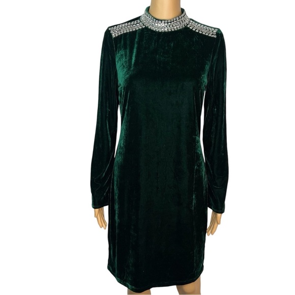 NEW ELIE‎ TAHARI Size L Emerald Velour Long Sleeve Mini Dress BEADED - Picture 1 of 10